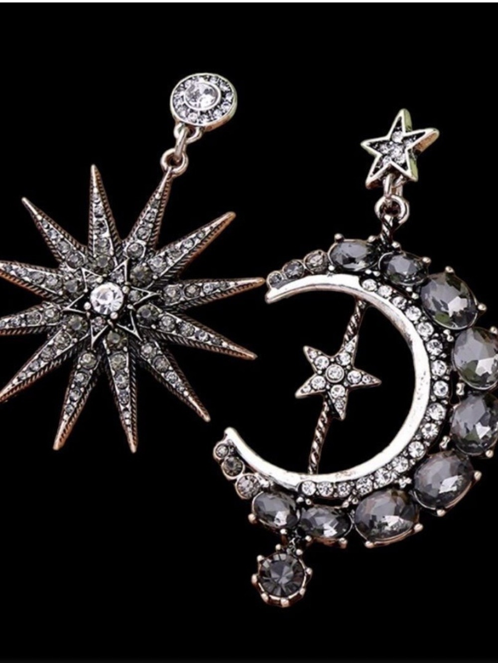 Celestial Crystal Star & Moon Asymmetric Earrings - Silver Smoke